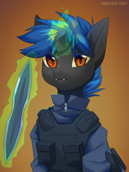 Size: 900x1196 | Tagged: safe, artist:margony, derpibooru import, oc, oc only, pony, unicorn, broken horn, bust, clothes, commission, digital art, glowing horn, horn, looking at you, magic, male, portrait, simple background, solo, stallion