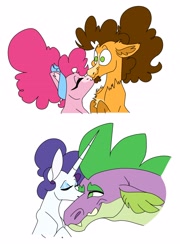 Size: 2112x2939 | Tagged: safe, artist:dodiejinx, derpibooru import, cheese sandwich, pinkie pie, rarity, spike, dragon, earth pony, pony, unicorn, cheesepie, female, kiss on the cheek, kissing, male, mare, older, older spike, shipping, simple background, sparity, stallion, straight, white background