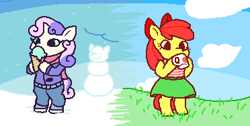 Size: 372x188 | Tagged: safe, artist:gorby, derpibooru import, apple bloom, sweetie belle, semi-anthro, adorabloom, clothes, cute, diasweetes, food, ice cream, pixel art