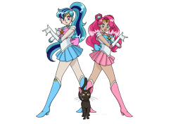 Size: 1280x900 | Tagged: safe, artist:faith-wolff, derpibooru import, pinkie pie, sonata dusk, human, fanfic:the bridge, clothes, costume, crossover, fanfic art, humanized, megalon, sailor moon, sailor venus