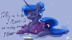 Size: 1920x1080 | Tagged: safe, artist:naafreelanceartist, derpibooru import, princess luna, alicorn, pony, alternate hairstyle, clothes, crossed hooves, earbuds, eyes closed, female, fly me to the moon, frank sinatra, hair bun, hoodie, ipod, lying down, mare, prone, singing, solo