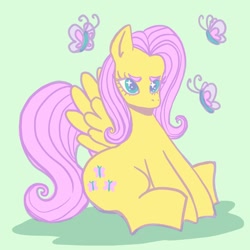 Size: 800x800 | Tagged: safe, artist:faekiwi, derpibooru import, fluttershy, butterfly, pegasus, pony, cute, female, green background, green eyes, mare, shyabetes, simple background, sitting, solo