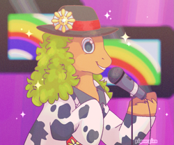 Size: 925x768 | Tagged: safe, artist:pigeorgien, derpibooru import, earth pony, pony, g1, my little pony tales, 80s, clothes, dazzle, female, hat, jacket, looking at you, mare, microphone, parody, rainbow, sergey minaev, shirt, smiling, smiling at you, solo, sparkles, television, unshorn fetlocks