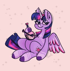 Size: 1490x1517 | Tagged: safe, artist:dear_crimes, derpibooru import, twilight sparkle, twilight sparkle (alicorn), alicorn, pony, bong, drugs, ear piercing, earring, high, jewelry, lidded eyes, looking at you, piercing, smiling, solo, spread wings, wings