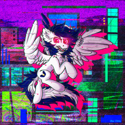 Size: 1280x1280 | Tagged: safe, artist:lilclim, derpibooru import, oc, oc:rayrage, pegasus, pony, aggressive, brightcolor, building, caption, error, eyes open, female, flying, full body, glitch, night, solo, town, wings