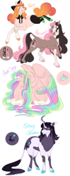 Size: 1500x3800 | Tagged: safe, artist:arexstar, derpibooru import, oc, oc only, oc:aura song, oc:neapolitan, oc:peony, oc:starry obsidian, earth pony, pegasus, pony, unicorn, curved horn, horn, magical lesbian spawn, offspring, parent:cheese sandwich, parent:pinkie pie, parent:princess cadance, parent:princess luna, parent:tree hugger, parent:twilight sparkle, parents:cheesepie, parents:twiluna, simple background, white background