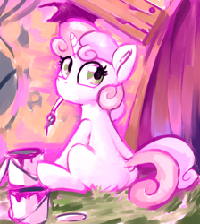 Size: 1794x2000 | Tagged: safe, artist:dimfann, derpibooru import, sweetie belle, pony, unicorn, the show stoppers, blank flank, bucket, cute, diasweetes, female, filly, grass, looking back, looking over shoulder, mouth hold, paint, paintbrush, side view, sitting, solo