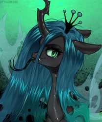 Size: 2500x3000 | Tagged: safe, artist:hakkerman5, derpibooru import, queen chrysalis, changeling, changeling queen, bust, female, long tongue, looking at you, solo, tongue, tongue out