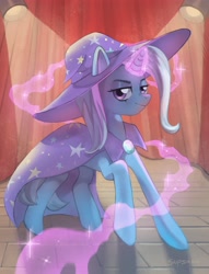 Size: 3703x4856 | Tagged: safe, artist:supsaka, derpibooru import, trixie, pony, unicorn, cape, clothes, female, glowing horn, hat, high res, horn, lights, looking at you, mare, raised hoof, raised leg, solo, trixie's cape, trixie's hat