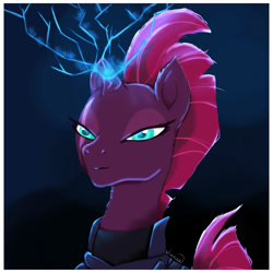 Size: 2000x2000 | Tagged: safe, artist:nnaly, derpibooru import, tempest shadow, pony, unicorn, broken horn, dark, female, horn, lightning, mare, solo