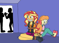 Size: 1834x1335 | Tagged: safe, artist:bugssonicx, derpibooru import, megan williams, sunset shimmer, equestria girls, arm behind back, bondage, bound and gagged, gag, kidnapped, rope, rope bondage, silhouette, sweat, sweatdrops, tape, tape gag, teary eyes, tied up, untying