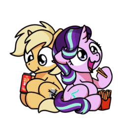 Size: 500x500 | Tagged: safe, artist:sugar morning, derpibooru import, part of a set, starlight glimmer, oc, oc:sunlight bolt, pegasus, pony, unicorn, animated, bepis, can, chibi, cute, drinking, eating, female, food, frame by frame, french fries, gif, glimmerbetes, hoof hold, male, mare, nom, shipping, simple background, sitting, stallion, sugar morning's snacc and drincc, this will end in weight gain, transparent background