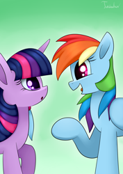 Size: 2480x3507 | Tagged: safe, artist:twidasher, derpibooru import, rainbow dash, twilight sparkle, pegasus, pony, duo, feather, female, gradient background, green background, height difference, lesbian, looking at each other, open mouth, shipping, signature, simple background, twidash