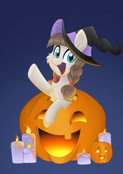 Size: 2480x3508 | Tagged: safe, artist:balychen, derpibooru import, oc, oc only, oc:connie bloom, candle, clothes, costume, cute, euro bronycon, halloween, halloween costume, hat, holiday, jack-o-lantern, mascot, ocbetes, pumpkin, solo, witch hat