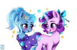Size: 998x656 | Tagged: safe, alternate version, artist:meqiopeach, derpibooru import, starlight glimmer, trixie, pony, unicorn, alternate hairstyle, animated, babysitter trixie, blushing, bow, butt, clothes, crystal, cute, cutie mark, diatrixes, eye contact, female, gameloft, gameloft interpretation, gem, gif, gift art, glimmerbetes, hair bow, heart, heart eyes, hoodie, lesbian, looking at each other, mare, open mouth, pigtails, ponytail, shipping, simple background, smiling, starry eyes, stars, startrix, watermark, white background, wingding eyes