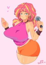 Size: 1400x2000 | Tagged: safe, artist:sozglitch, derpibooru import, sunset shimmer, equestria girls, belly button, big breasts, breasts, clothes, female, heart, huge breasts, microphone, miniskirt, pink background, simple background, skirt, solo, spiked wristband, sunset jiggler, wristband