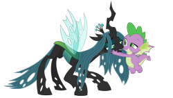 Size: 3307x1860 | Tagged: safe, artist:culu-bluebeaver, derpibooru import, queen chrysalis, spike, changeling, changeling queen, dragon, chryspike, crown, digital, digital art, duo, female, flying, horn, jewelry, looking at each other, male, regalia, shipping, simple background, smiling, straight, transparent background, vector, winged spike, wings