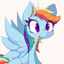 Size: 2048x2048 | Tagged: safe, artist:zokkili, derpibooru import, rainbow dash, pegasus, pony, abstract background, blushing, cute, dashabetes, ear fluff, ears, female, high res, mare, open mouth, sitting, solo, spread wings, wings