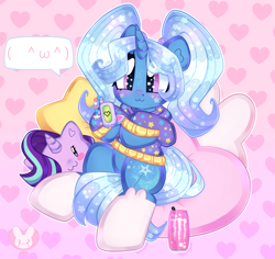 Size: 3700x3500 | Tagged: safe, artist:bunxl, derpibooru import, starlight glimmer, trixie, unicorn, :3, alternate hairstyle, babysitter trixie, can, clothes, cute, diatrixes, hoodie, monster, pillow, sitting, socks, text