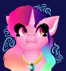 Size: 1256x1346 | Tagged: safe, artist:skyblazeart, derpibooru import, oc, oc only, oc:skyblaze, alicorn, pony, alicorn oc, blue background, ear fluff, ears, eyelashes, female, gem, gradient mane, horn, jewelry, necklace, rainbow power, simple background, solo