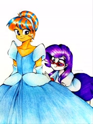 Size: 2541x3389 | Tagged: safe, artist:liaaqila, derpibooru import, rarity, oc, oc:cold front, equestria girls, cinderella, clothes, crossdressing, cute, dress, ear piercing, earring, equestria girls-ified, evening gloves, glasses, gloves, gown, hairband, jewelry, long gloves, piercing, skirt, smiling, top
