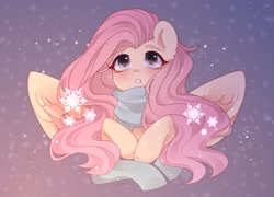 Size: 2500x1800 | Tagged: safe, artist:whiteliar, derpibooru import, fluttershy, pegasus, pony, blushing, bust, chest fluff, clothes, cute, ear fluff, ears, female, high res, mare, open mouth, scarf, shyabetes, snow, snowfall, snowflake, solo, spread wings, wings