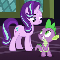 Size: 710x710 | Tagged: safe, derpibooru import, screencap, spike, starlight glimmer, dragon, unicorn, a hearth's warming tail, cropped, cute, duo, female, male, mare, spikabetes