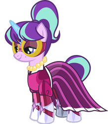 Size: 1246x1428 | Tagged: safe, alternate version, anonymous artist, derpibooru exclusive, derpibooru import, masked matter-horn, starlight glimmer, pony, unicorn, .svg available, bedroom eyes, clothes, dress, eyelashes, female, goggles, horn, jewelry, latex, latex dress, latex suit, makeup, mare, mask, necklace, pearl necklace, power ponies, simple background, smiling, solo, stepford ponies, svg, transparent background, vector