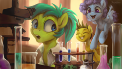 Size: 2560x1440 | Tagged: safe, artist:jewellier, derpibooru import, oc, oc only, pegasus, pony, beaker, chemistry, clothes, lab coat, scientist, trio