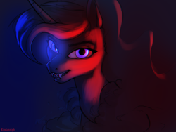 Size: 1600x1200 | Tagged: safe, artist:kirasunnight, derpibooru import, nightmare moon, princess luna, alicorn, pony, blue light, duality, fangs, female, looking at you, mare, red light, signature, slit eyes, solo