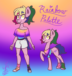 Size: 1242x1311 | Tagged: safe, artist:erenerakhard, derpibooru import, oc, oc only, oc:rainbow palette, anthro, earth pony, anthro oc, clothes, converse, earth pony oc, gradient background, leg warmers, multicolored hair, off shoulder, shoes, shorts, socks