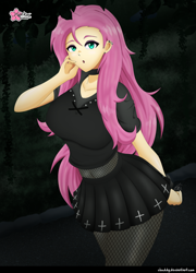 Size: 1402x1942 | Tagged: safe, artist:clouddg, derpibooru import, fluttershy, equestria girls, big breasts, breasts, female, fluttergoth, hootershy, solo