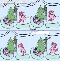 Size: 2154x2211 | Tagged: safe, artist:datzigga, derpibooru import, pinkie pie, twilight sparkle, oc, oc:anon, earth pony, human, pony, unicorn, bipedal, christmas, christmas tree, comic, female, hearth's warming, holiday, mare, tree