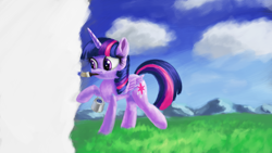 Size: 4000x2250 | Tagged: safe, artist:flusanix, derpibooru import, twilight sparkle, twilight sparkle (alicorn), alicorn, pony, cloud, female, fourth wall, grass, mare, mountain, mountain range, mouth hold, paint can, paintbrush, painting, sky, solo