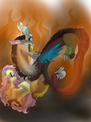 Size: 3120x4160 | Tagged: safe, artist:cocolove2176, derpibooru import, discord, fluttershy, draconequus, pegasus, pony, discoshy, female, flying, looking back, male, mare, protecting, shipping, straight, wings