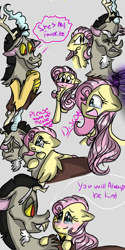 Size: 1080x2160 | Tagged: safe, artist:cocolove2176, derpibooru import, discord, fluttershy, draconequus, pegasus, pony, bust, dialogue, discoshy, eyelashes, female, male, mare, open mouth, shipping, smiling, straight, wings