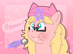 Size: 1811x1356 | Tagged: safe, artist:icecreamjaxxie, derpibooru import, oc, oc only, oc:mille feuille, pony, unicorn, bust, cute, diabetes, dialogue, food, freckles, glasses, hat, heart eyes, ice cream, levitation, magic, solo, spoon, telekinesis, this will end in weight gain, wingding eyes