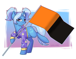 Size: 1375x1080 | Tagged: safe, artist:violyre, edit, editor:anonymous, trixie, pony, unicorn, babysitter trixie, female, flag, gradient background, heart eyes, hoodie, mare, pride flag, raised hoof, raised leg, signature, simple background, solo, super straight, tongue, tongue out, white background, wingding eyes