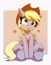 Size: 1799x2297 | Tagged: safe, artist:pabbley, derpy hooves, pegasus, pony, :p, blonde, blonde mane, blonde tail, chest fluff, cowboy hat, cute, derpabetes, female, floating heart, folded wings, golden eyes, hat, heart, mare, sitting, smiling, solo, stetson, tongue, tongue out