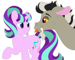 Size: 1280x1018 | Tagged: safe, artist:lepoppeta, derpibooru import, discord, starlight glimmer, draconequus, pony, unicorn, female, looking at each other, male, shipping, simple background, starcord, straight, tongue, tongue out, transparent background