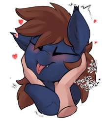 Size: 2226x2457 | Tagged: safe, artist:beardie, derpibooru import, oc, oc only, oc:warly, bat pony, human, beardies scritching ponies, blushing, commission, disembodied hand, ear tufts, eyes closed, fangs, hand, happy, heart, long tongue, petting, simple background, tongue, tongue out, transparent background, ych result