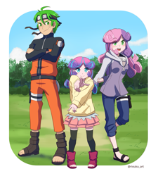 Size: 989x1100 | Tagged: safe, artist:riouku, derpibooru import, princess flurry heart, spike, sweetie belle, human, clothes, commission, crossover, feet, female, forest, grass, himawari uzumaki, hinata hyuga, humanized, male, naruto, naruto uzumaki, sandals, shipping, spikebelle, straight, toes, tree, uncle spike, whiskers