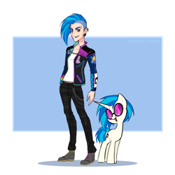 Size: 2500x2500 | Tagged: safe, artist:watchoutoprah, derpibooru import, dj pon-3, vinyl scratch, human, pony, unicorn, alternate hairstyle, boots, chains, clothes, ear piercing, earring, eyebrow piercing, female, grin, horn, human ponidox, humanized, implied coloratura, implied lesbian, implied octavia, implied scratchtavia, implied shipping, jacket, jeans, jewelry, long horn, mare, open mouth, pansexual, pansexual pride flag, pants, piercing, pride, pride flag, punk, self ponidox, shirt, shoes, smiling, t-shirt, vinyl's glasses