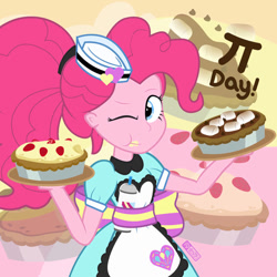 Size: 894x894 | Tagged: safe, artist:dm29, derpibooru import, pinkie pie, equestria girls, equestria girls series, clothes, eating, female, food, hat, looking at you, one eye closed, pi day, pie, ponytail, s'mores, server pinkie pie, uniform, waitress, wink, winking at you