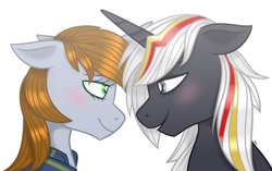 Size: 3500x2200 | Tagged: safe, artist:cherrycandi, derpibooru import, oc, oc:littlepip, oc:velvet remedy, pony, unicorn, fallout equestria, blushing, clothes, couple, cute, duo, female, lesbian, looking at each other, simple background, vault suit, velvetpip, white background