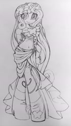 Size: 2604x4624 | Tagged: safe, artist:shadowhawx, derpibooru import, fluttershy, human, belly button, boots, clothes, dress, female, flower, flower in hair, grayscale, humanized, midriff, monochrome, pencil drawing, shoes, solo, traditional art