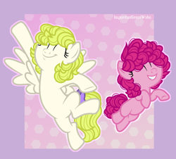 Size: 972x879 | Tagged: safe, artist:angellight-bases, artist:pigeorgien, derpibooru import, pinkie pie, surprise, earth pony, pegasus, pony, g1, base used, bow, curly hair, cute, diapinkes, duo, eyes closed, female, filly, filly pinkie pie, g1 to g4, generation leap, jumping, mare, ponk, spread wings, tail bow, wings, younger