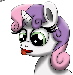 Size: 1650x1699 | Tagged: safe, artist:darkyboode32, derpibooru exclusive, derpibooru import, sweetie belle, pony, unicorn, bust, cute, diasweetes, female, filly, lipstick, simple background, solo, tongue, tongue out, traditional art, white background