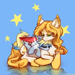 Size: 3000x3000 | Tagged: safe, artist:rrd-artist, derpibooru import, oc, oc only, oc:mercury stratos, pegasus, pony, cuddling, eyes closed, female, male, size difference, smiling, sunglasses