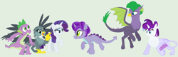 Size: 2110x678 | Tagged: safe, artist:jadethepegasus, derpibooru import, gabby, rarity, spike, oc, dracony, dragon, griffon, hippogriff, hybrid, pony, unicorn, base used, female, gabbity, interspecies offspring, lesbian, magical lesbian spawn, male, offspring, parent:gabby, parent:rarity, parent:spike, parents:gabbity, parents:spabby, parents:sparity, polyamory, shipping, spabby, sparity, straight